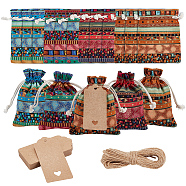 Nbeads 24Pcs 4 Colors Bohemian Rectangle Geometric Print Linenette Drawstring Bags, Ethnic Style Pouches with Jute Cord and Kraft Paper Price Tags, Mixed Color, Bag: 14x10cm, 6pcs/color(ABAG-NB0001-88A)