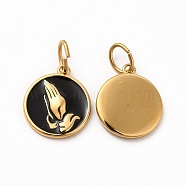 Ion Plating(IP) 304 Stainless Steel Pendants, with Enamel and Jump Rings, Flat Round with Praying Hands, Golden, 18.5x16x2.5mm, Hole: 6mm(STAS-M089-19G)