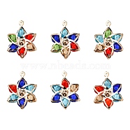 6Pcs Rack Plating Iron Glass Pendants, Light Gold Tone Flower Charms, Mixed Color, 29x21x6mm, Hole: 1mm(IFIN-YW0001-52)