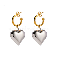Ion Plating(IP) 304 Stainless Steel Heart Dangle Stud Earrings, Half Hoop Earrings, Golden & Stainless Steel Color, 37x20mm(EJEW-L266-01GP)