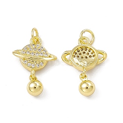 Rack Plating Brass Micro Pave Cubic Zirconia Pendants, with Jump Ring Cadmium Free & Lead Free, Long-Lasting Plated, Planet Charm, Real 18K Gold Plated, 20.5x14x3.5mm, Hole: 3.6mm(ZIRC-I061-09G)