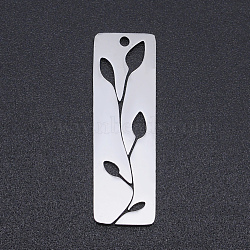 201 Stainless Steel Pendants, Rectangle with Leaf, Stainless Steel Color, 28x9x1mm, Hole: 1.4mm(STAS-N090-JN820-1)