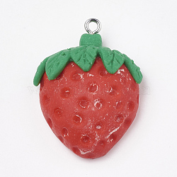 Handmade Polymer Clay Pendants, with Iron Findings, Strawberry, Platinum, Red, 29.5~33.5x23~25x11mm, Hole: 2mm(X-CLAY-T012-03)