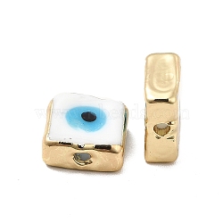 Brass Enamel Beads, Long-Lasting Plated, Real 18K Gold Plated, Square with Evil Eye Pattern, White, 10~11x10~11x4.5~5.5mm, Hole: 1.6~1.8mm(KK-F842-02A)