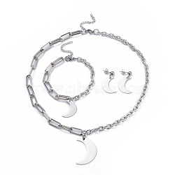 304 Stainless Steel Paperclip Chains & Cable Chain Jewelry Sets, Dangle Earrings & Pendant Necklaces & Charm Bracelets, Moon, Stainless Steel Color, 18-3/4 inch(47.7cm), 31cm, 29mm, Pin: 0.6mm(SJEW-K153-09P)