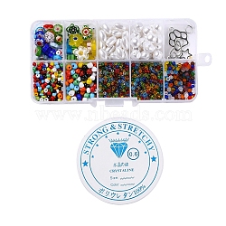 DIY Bracelet Jewelry Set Making, Flat Round & Flower Glass Beads with Geometry ABS Plastic Pearl Beads, Iron Findings, Glass Seed Beads, Alloy Charms, Zinc Alloy Pendants and Elastic Crystal Thread, Mixed Color, 1458Pcs/Box(DIY-YW0002-44)