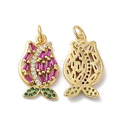 Rack Plating Brass Cubic Zirconia Pendants, with Jump Ring, Lead Free & Cadmium Free, Tulip Flower Charm, Long-Lasting Real 18K Gold Plated, Old Rose, 20.5x12x2mm, Hole: 3.5mm(X-KK-D074-06G)