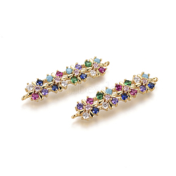 Brass Micro Pave Cubic Zirconia Links connectors, Flower, Colorful, Golden, 8x35.5x4.5mm, Hole: 1mm(ZIRC-L085-14G)