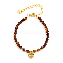 Natural Gemstone Beads Stretch Bracelets, Flat Round with Word Love Charm Bracelets for Women, with Brass Beads, Chocolate, 6-1/4 inch(16cm)(PN0499-5)