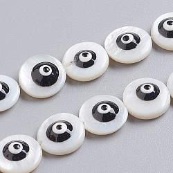 Natural Shell Beads Strands, with Enamel, Flat Round with Evil Eye, Black, 10x4mm, Hole: 0.6mm, about 39pcs/Strand, 15.75 inch(40cm)(SSHEL-I024-03C-02)