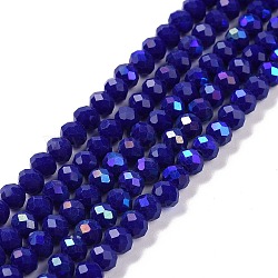 Electroplate Opaque Solid Color Glass Beads Strands, Half Rainbow Plated, Faceted, Rondelle, Blue, 8x6mm, Hole: 1mm, about 63~65pcs/strand, 39~40cm(EGLA-A034-P8mm-L12)