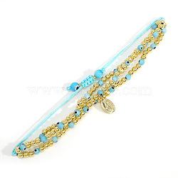 18K Gold Plated Brass Beaded Braided Bead Bracelets, Ethnic Cord Bracelets for Women Men, with Glass Evil Eye Beads, Deep Sky Blue, Inner Diameter: 11 inch(28cm)(VH4974-4)