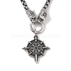 304 Stainless Steel Dragon Head King Box Chain Viking Compass Pendant Necklaces for Men, Antique Silver, 25.00 inch(63.5cm)(NJEW-K278-09AS)