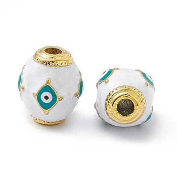 Vacuum Plating 201 Stainless Steel Beads, with Enamel, Real 18K Gold Plated, Barrel with Evil Eye, White, 14.5x11x11mm, Hole: 3mm