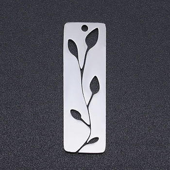 201 Stainless Steel Pendants, Rectangle with Leaf, Stainless Steel Color, 28x9x1mm, Hole: 1.4mm
