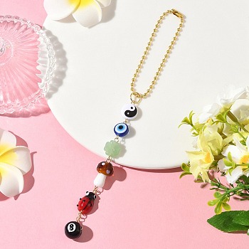 Mushroom & Evil Eye Handmade Lampwork Beads and Acrylic Pendant Decorations, with Iron Tag Chains, Colorful, 179mm