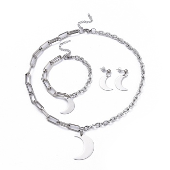304 Stainless Steel Paperclip Chains & Cable Chain Jewelry Sets, Dangle Earrings & Pendant Necklaces & Charm Bracelets, Moon, Stainless Steel Color, 18-3/4 inch(47.7cm), 31cm, 29mm, Pin: 0.6mm