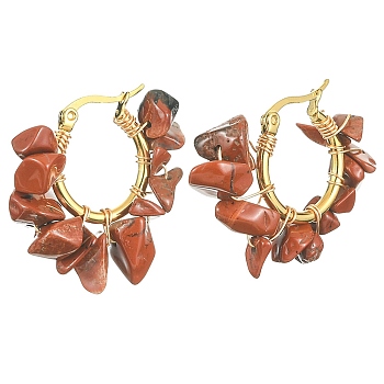Natural Red Jasper Chips Braided Hoop Earrings, 304 Stainless Steel Wire Wrap Jewelry for Women, 25~27x28~33x7~9mm, Pin: 0.6mm