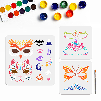 US 1 Set Halloween Mask PET Hollow Out Drawing Painting Stencils, with 1Pc Art Paint Brushes, 200~300x200~300mm, 3pcs/set