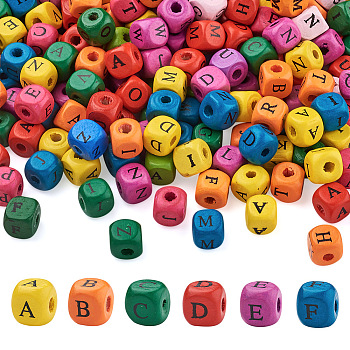 Natural Wood Beads, Dyed, Cube with Mixed Letter, Mixed Color, 10x10mm, Hole: 3mm, 500pcs/bag