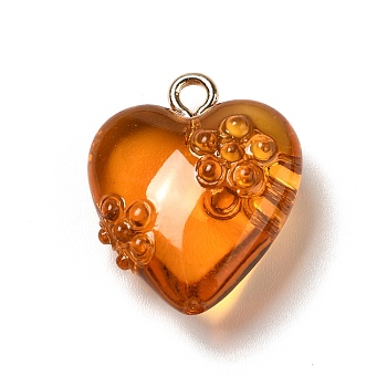 Transparent Resin Pendants, with Golden Tone Iron Loops, Heart with Flower, Dark Orange, 20x17x8.5mm, Hole: 2mm