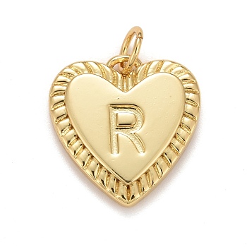 Rack Plating Real 18K Gold Plated Brass Pendants, with Jump Rings, Long-Lasting Plated, Lead Free & Cadmium Free & Nickel Free, Heart with Letter A~Z, Letter.R, 16x15x2.5mm, Jump Ring: 5x0.5mm, 3mm Inner Diameter