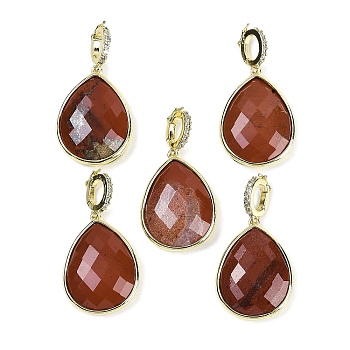 Natural Red Jasper Faceted Teardrop Pendants, Rack Plating Brass Micro Pave Clear Cubic Zirconia Charms, Golden, 27x20x6.5mm, Hole: 6.5x4.5mm