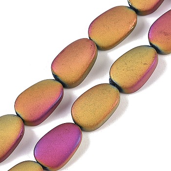 Electroplate Glass Beads Strands, Frosted, Oval, Magenta, 14x9x4.5mm, Hole: 1mm, about 50pcs/strand, 27.17 inch(69cm)