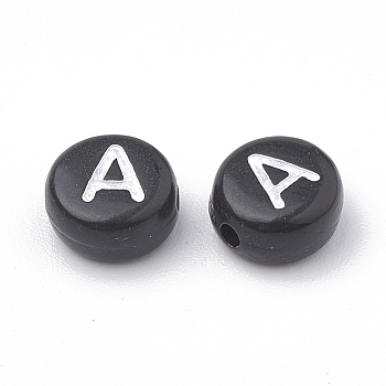 Opaque Acrylic Horizontal Hole Beads, with Enamel, Flat Round, Letter A, 7x4mm, Hole: 1.5mm