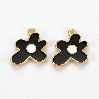 Rack Plating Light Gold Alloy Enamel Pendants, Cadmium Free & Lead Free, Flower, Black, 17x16x2mm, Hole: 1.6mm