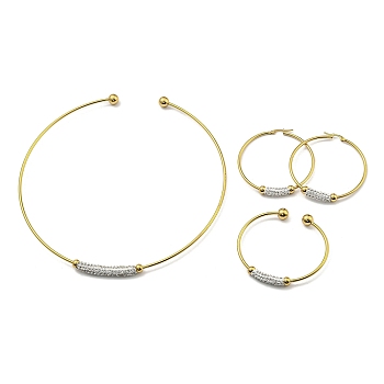 202 Stainless Steel Cuff Bangle & Necklace & Hoop Earrings Sets, Clay Rhinestone Jewelry for Women, Golden, 55x6.5mm