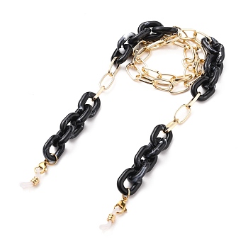 Eyeglasses Chains, Neck Strap for Eyeglasses, with Aluminium & Acrylic Paperclip Chains, 304 Stainless Steel Lobster Claw Clasps and Rubber Loop Ends, Light Gold, Black, 28.15 inch(71.5cm)
