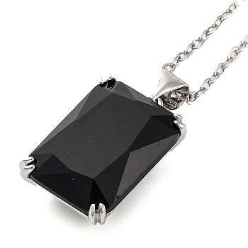 Rectangle Brass Pave Cubic Zirconia Pendant Necklaces for Women, 304 Stainless Steel Cable Chain Necklaces, Stainless Steel Color, Black, 17.91 inch(45.5cm)