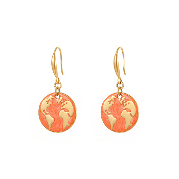 Golden Tone Stainless Steel Enamel Map Dangle Earrings for Women, Orange