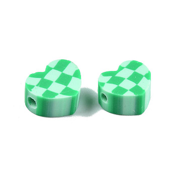 Handmade Polymer Clay Beads, Heart with Tartan Pattern, Medium Sea Green, 9~9.5x10~11x4~5mm, Hole: 1.5~1.8mm