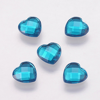 Taiwan Acrylic Rhinestone Cabochons, Back Plated, Flat Back and Faceted, Heart, Teal, 14mm