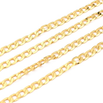 3.28 Feet Brass Curb Chains, Cuban Chains, Long-Lasting Plated, Cadmium Free & Nickel Free & Lead Free, Unwelded, Real 18K Gold Plated, 7x4x0.5mm