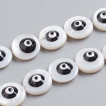 Natural Shell Beads Strands, with Enamel, Flat Round with Evil Eye, Black, 10x4mm, Hole: 0.6mm, about 39pcs/Strand, 15.75 inch(40cm)