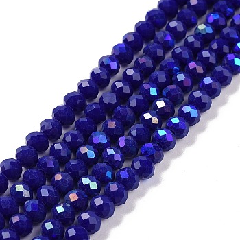 Electroplate Opaque Solid Color Glass Beads Strands, Half Rainbow Plated, Faceted, Rondelle, Blue, 8x6mm, Hole: 1mm, about 63~65pcs/strand, 39~40cm