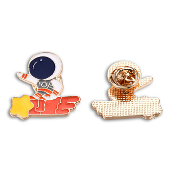 Spaceman Shape Enamel Pin, Light Gold Plated Alloy Cartoon Badge for Backpack Clothes, Nickel Free & Lead Free, Orange Red, 26x26mm