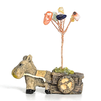 Resin Display Decorations, Reiki Energy Stone Feng Shui Ornament, with Natural Gemstone Tree and Copper Wire, Donkey, 59x64mm