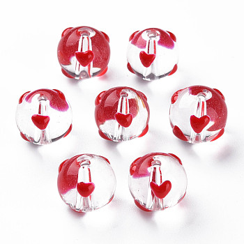 Transparent Glass Enamel Beads, Round with Heart, Red, 12x11.5mm, Hole: 1.8mm
