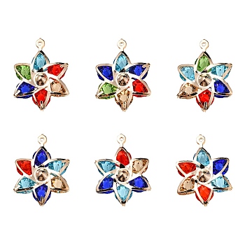 6Pcs Rack Plating Iron Glass Pendants, Light Gold Tone Flower Charms, Mixed Color, 29x21x6mm, Hole: 1mm