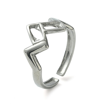 304 Stainless Steel Open Cuff Ring, Hollow Rectangle, Stainless Steel Color, Inner Diameter: 17mm