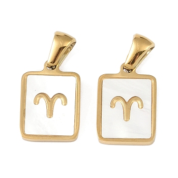 Constellations Natural White Shell Pendants, Ion Plating(IP) 304 Stainless Steel Rectangle Charms, Real 18K Gold Plated, Aries, 16x10.5x1.5mm, Hole: 5x3mm