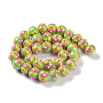 Handmade Porcelain Beads Strands, with Enamel, Round, Yellow Green, 10~11x9mm, Hole: 1.5mm, about 35pcs/strand, 12.80 inch(32.5cm)