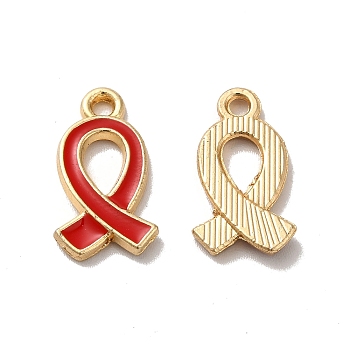 Alloy Enamel Pendants, Golden, Aids Awareness Ribbon Charm, Red, 17x10x2mm, Hole: 1.6mm