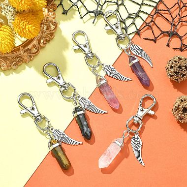 Natural Gemstone Double Terminated Pointed Pendant Decorations with Alloy Wing Charm(HJEW-JM01149)-5