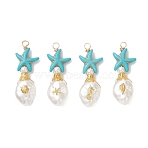 Dyed Synthetic Turquoise & ABS Plastic Imitation Pearl Pendants, Starfish with Oval Charms, with Brass Findings, Mixed Shapes, Golden, 37x14x7mm, Hole: 3mm(PALLOY-JF04856)