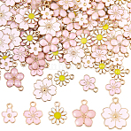 100Pcs 5 Styles Alloy Enamel Pendants, Flower Charms, Light Gold, Pink, 12.5~20.5x10~17.5x1.5~2mm, Hole: 1.2~2mm, 20pcs/style (ENAM-BM0001-06)